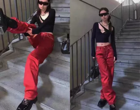 BM牛仔裤女辣妹大红色设计款宽松学生直筒显...