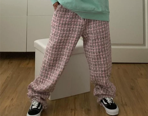 美式复古小香风粉色裤子女春欧美高街格子编织...