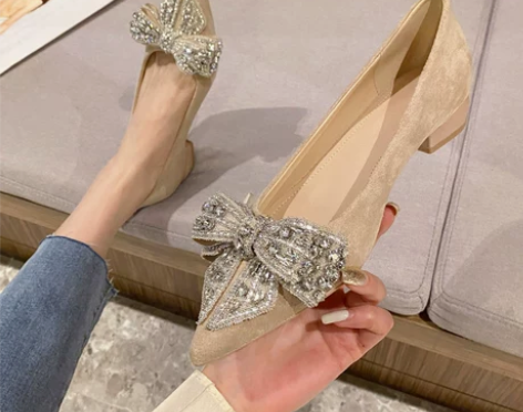 法式水钻蝴蝶结黑色单鞋女低跟绒面2022年...