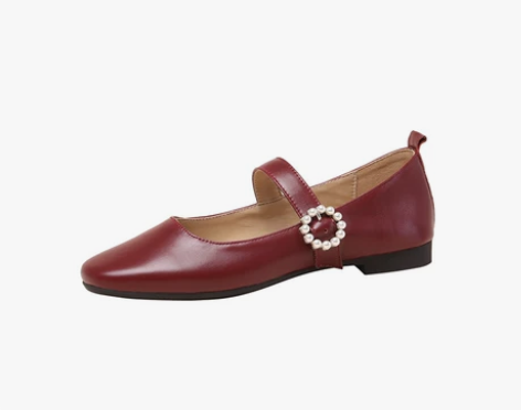 复古玛丽珍鞋女平底珍珠扣法式小众真皮方头软...