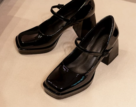 2022年春秋新款高跟鞋粗跟玛丽珍鞋女漆皮...