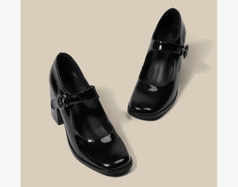 玛丽珍鞋女复古英伦风赫本黑色高跟一字扣粗跟...