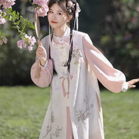 七月夕原创汉服 桃枝甘露 汉元素泡泡袖连衣...