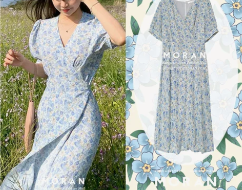 ?法式小众复古碎花V领气质连衣裙一片式收腰...