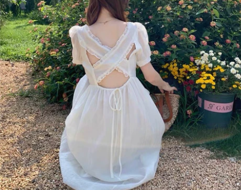 法式仙女白色连衣裙收腰显瘦气质温柔风长裙【...