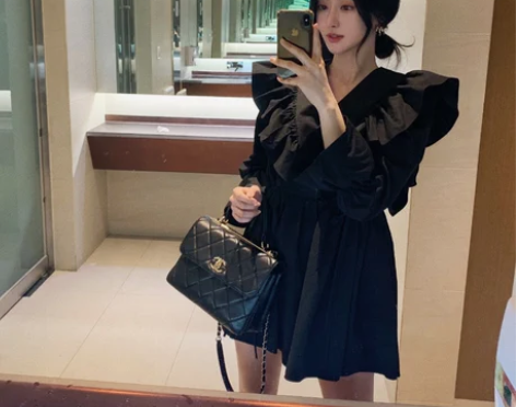 ?韩国ins网红荷叶边飞飞袖收腰系带高腰褶...