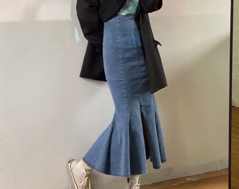 {现货}花田橱窗牛仔高腰开叉鱼尾裙半身裙女...