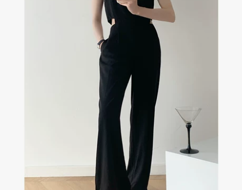 高腰吊带连身裤女直筒阔腿裤露腰显瘦显高女裤...