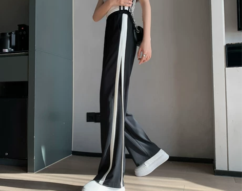 港风黑白拼色阔腿裤女夏2021年新款高腰垂...