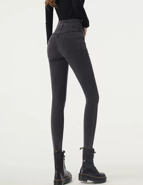 高腰牛仔裤 高腰牛仔裤小脚裤烟灰色加绒女2...