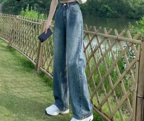 怀旧色高腰牛仔裤女秋季ins新款宽松显瘦直...