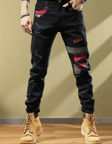 欧洲站男牛仔裤秋冬厚款拼接贴布刺绣破洞修身...