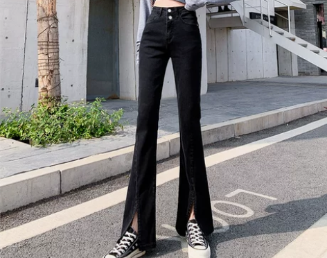 高腰前开叉牛仔裤女宽松显瘦垂感分叉微喇拖地...