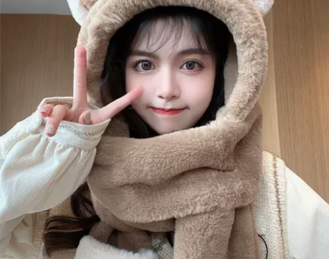 小熊帽子女新款网红秋冬百搭围巾围脖一体冬季...