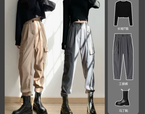 法式束脚工装裤女宽松直筒显瘦高腰小个子超火...