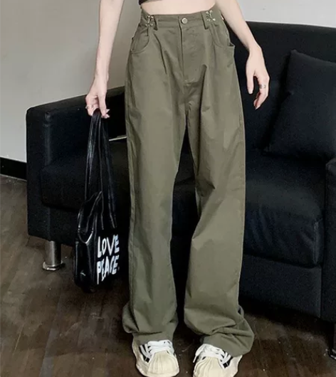 设计感军绿色工装阔腿牛仔裤女春秋高腰宽松显...