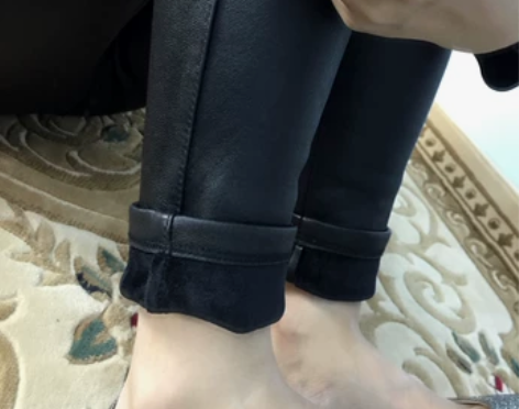 O家冬季新款  高弹亚光加厚加绒真皮皮裤女...