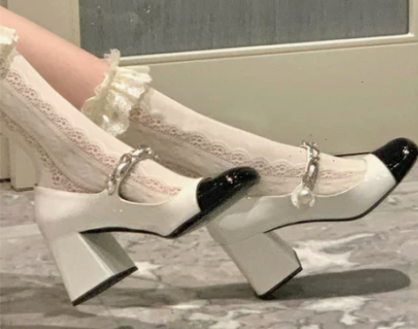 复古玛丽珍鞋女法式miu*方头高跟鞋仙女风...