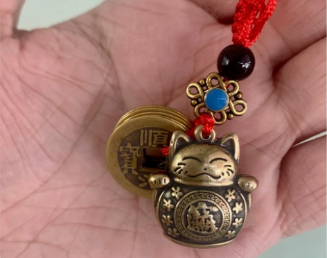 招财猫五帝钱钥匙扣 纯手工黄铜招财猫汽车钥...