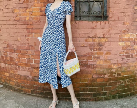 钟楚曦明星同款方领侧开叉法式连衣裙蓝色碎花...