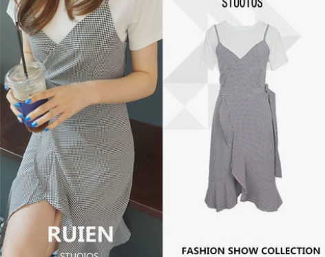 夏韩国荷叶边绑带收腰显瘦不规则鱼尾格子吊带...