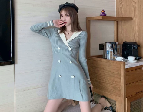 港风复古裙子2019秋装韩版新款长袖收腰显...