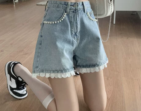设计感小众蕾丝花边高腰牛仔短裤女夏薄款甜辣...