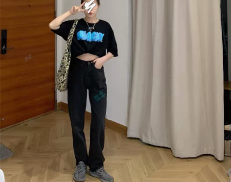 BLACKY2022春季新款破洞黑色直筒高...