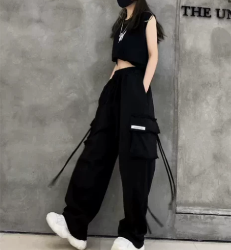 黑色休闲阔腿直筒裤女嘻哈风长裤纯棉高腰显瘦垂坠感裤宽松显长裤...