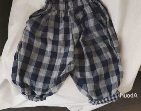自留 超级好穿 软糯AB面格子儿童棉麻裤2...
