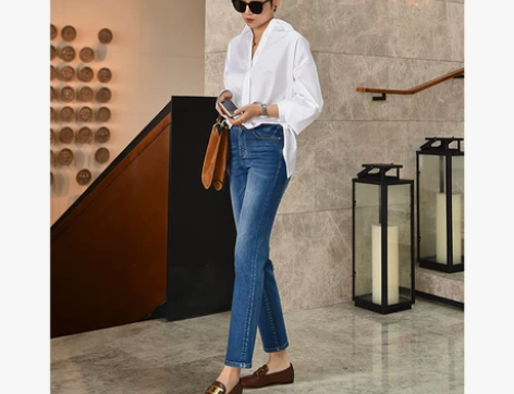 牛仔裤 牛仔裤高腰畅点徐ChangDX 穿...