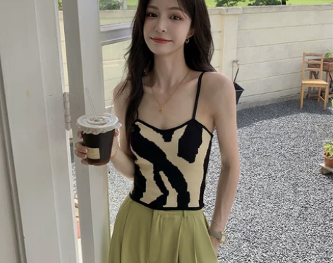 奶牛豹纹吊带背心女夏内搭撞色针织无袖抹胸上...
