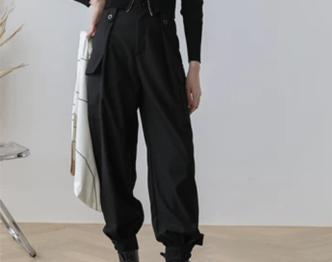 拙列 | 束脚工装裤女黑色高腰显瘦直筒宽松...