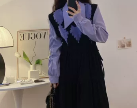 大码法式假两件菱格拼接POLO领毛衣连衣裙...