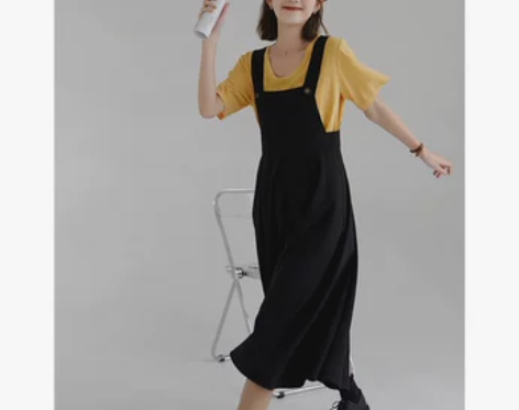 瞌睡兔 复古垂坠减龄方领显瘦背带裙女宽松a...