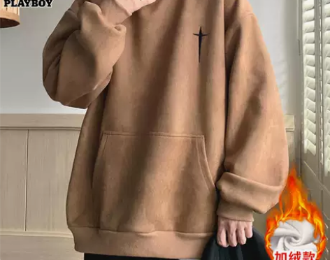 花花公子麂皮绒卫衣男士秋冬季潮牌美式宽松上...