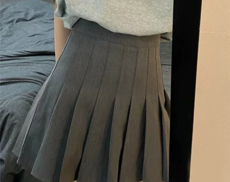 ?美式辣妹灰色百褶裙女春秋季高腰a字显瘦短...