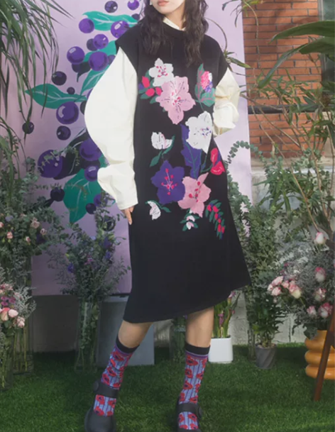HHCH口海 日系复古少女手绘樱花图案宽松...