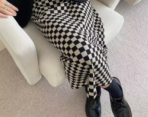 针织半身裙女2022冬季新款格子复古棋盘格...