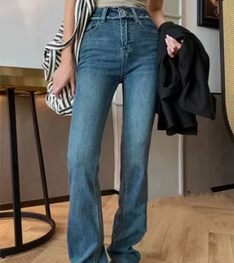 微喇牛仔裤女冬季高腰修身显瘦毛边喇叭长裤s...