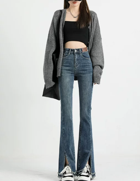 弹力开叉微喇叭牛仔裤女2022秋冬新款