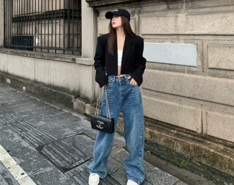 辰米范 蓝色高腰直筒牛仔裤女秋季新款显瘦大...