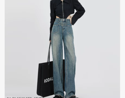 高腰牛仔裤 高腰牛仔裤阔腿裤秋冬加绒复古阔...