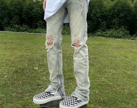 高街美式水洗浅色破洞牛仔裤男女vibe潮牌...