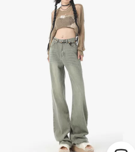 哲娜纯美式高街牛仔裤女复古高腰设计感新款休...