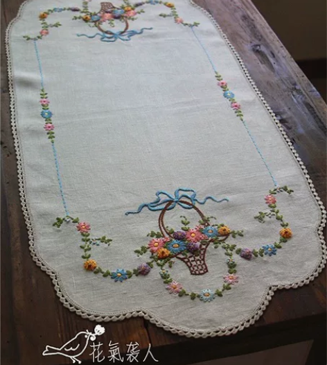 西洋杂货 中古手工花朵花篮 刺绣桌旗长条桌...