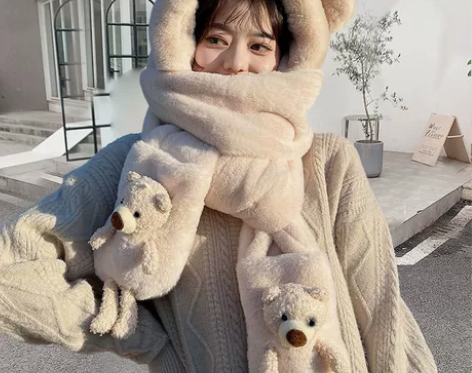 小熊帽子女冬季可爱百搭保暖毛绒帽手套连帽围...