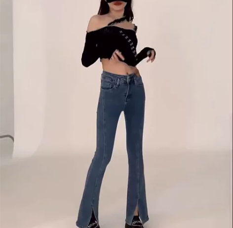 开叉牛仔裤女春秋新款高腰显瘦小个子微喇叭九...