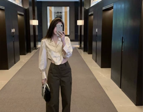LDAC雅痞美式复古咖口袋工装裤女宽松高腰...