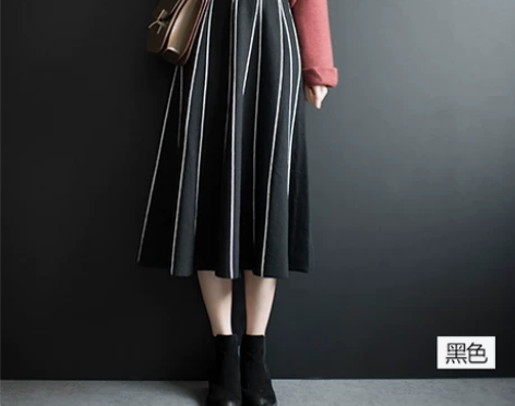 秋冬新款时尚条纹针织半身裙a字裙大摆裙毛线...